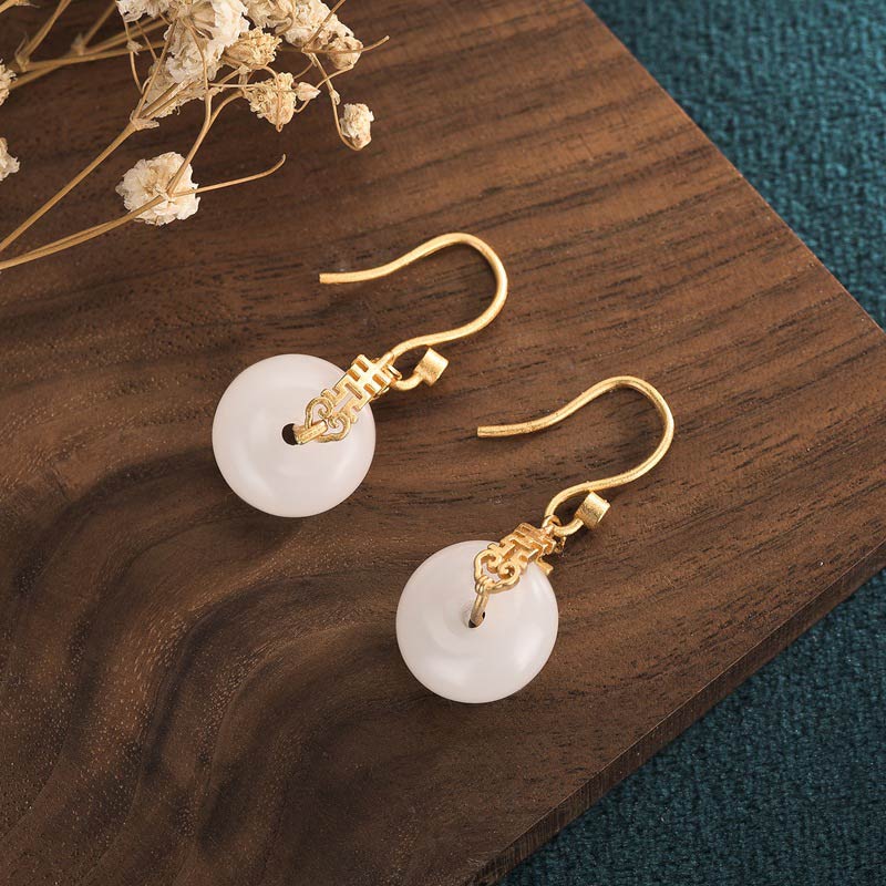 Wear FengShui White Jade Double Happiness Fortune Earrings