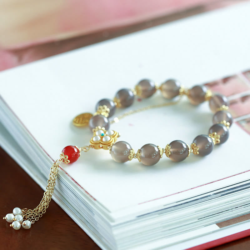 Wear FengShui Natural Gray Agate Fu Character Pearl Tassel Balance Bracelet