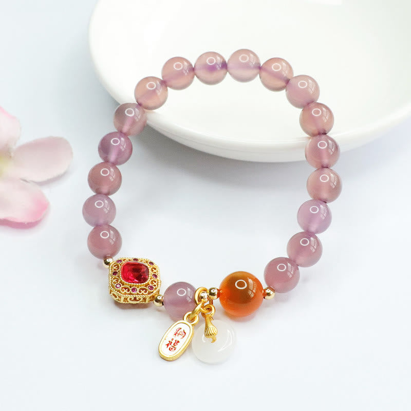 Wear FengShui Natural Purple Chalcedony Candy Agate Peace Buckle Harmony Lucky Fortune Charm Bracelet
