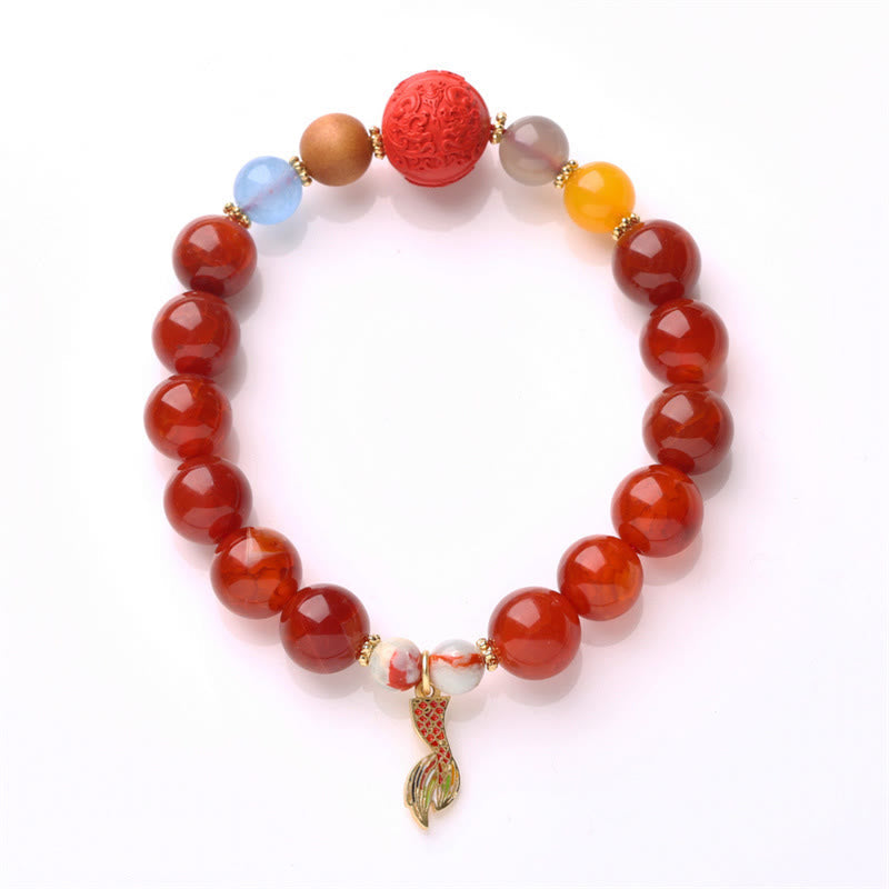 Wear FengShui Natural Red Agate Peace Talisman Fu Character Dragon Tail Confidence Charm Bracelet