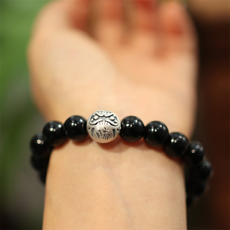 Wear FengShui 925 Sterling Silver Black Onyx Bead Character Engraved Protection Bracelet
