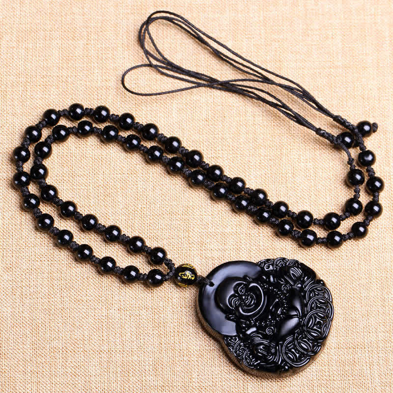 Wear FengShui Laughing Buddha Black Obsidian Strength Protection Pendant Necklace