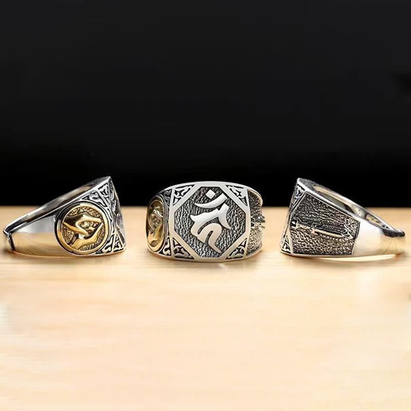 Wear FengShui 925 Sterling Silver Sanskrit Design Carved Protection Adjustable Ring