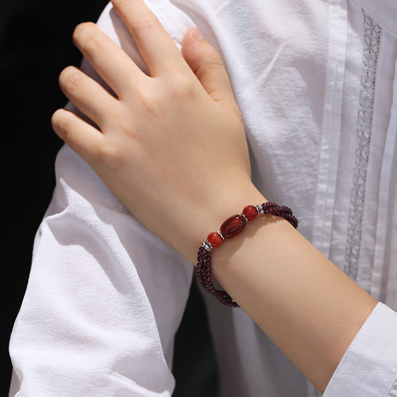 Wear FengShui Natural Garnet Red Agate Protection Triple Layer Bracelet