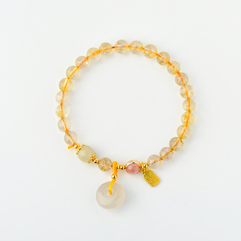 Wear FengShui Natural Golden Rutilated Quartz Fu Character Peace Buckle Charm Wealth Bracelet