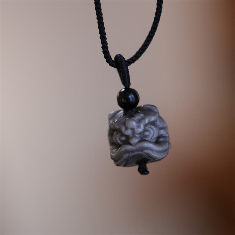 Wear FengShui Natural Silver Sheen Obsidian Dancing Lion Protection Necklace Pendant