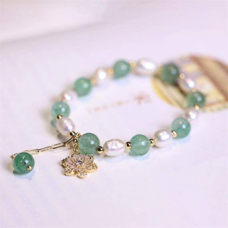 Wear FengShui Natural Green Strawberry Quartz Pearl Flower Charm Love Bracelet