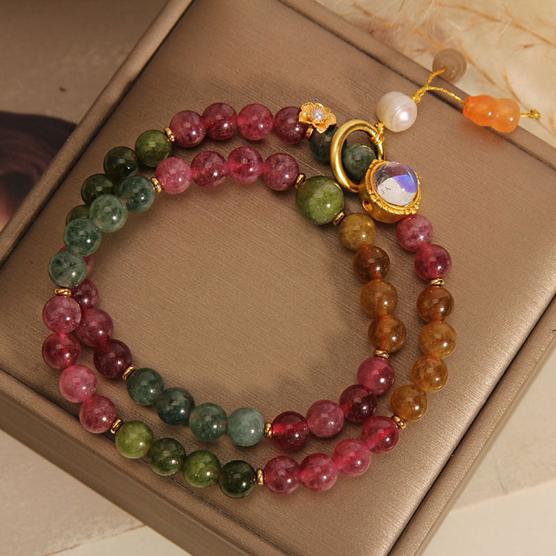 Wear FengShui Multicolored Tourmaline Positive Double Wrap Gourd Charm Bracelet