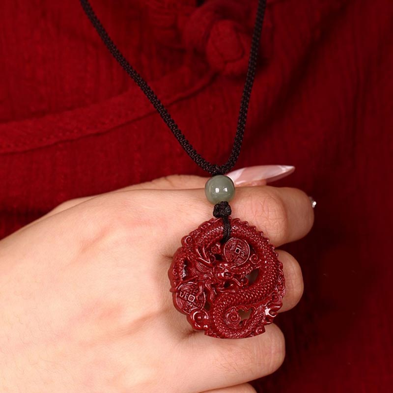 Wear FengShui Year Of The Dragon Natural Cinnabar Hetian Jade Bead Copper Coin Attract Wealth Strength Necklace Pendant