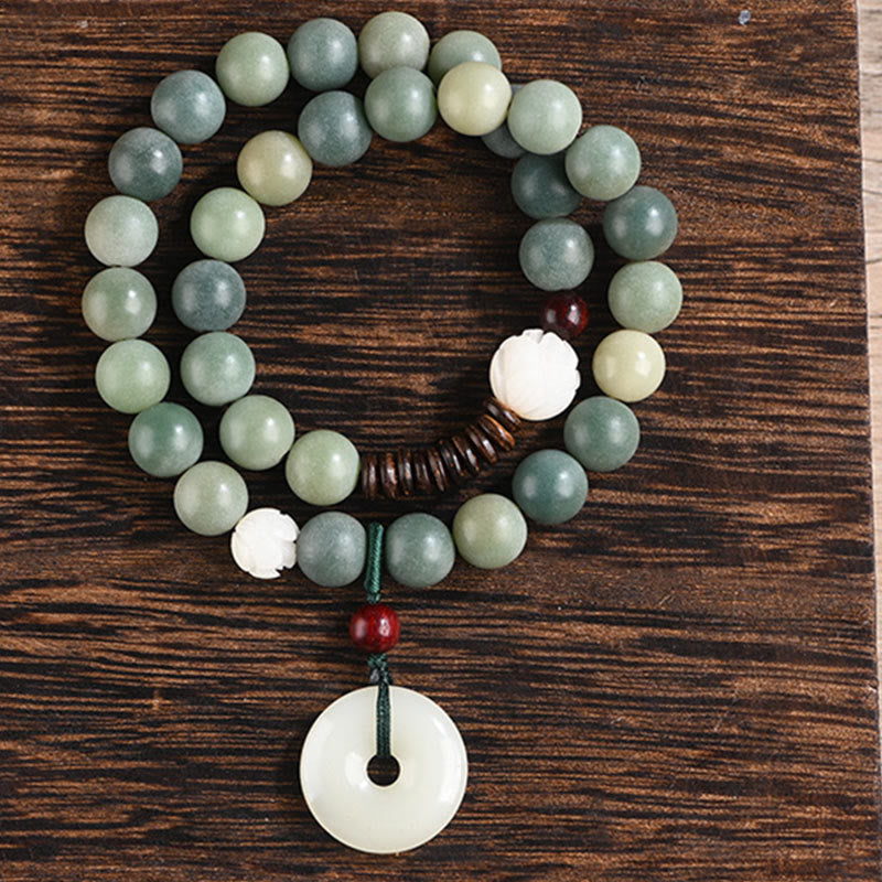 Wear FengShui Cyan Bodhi Seed Lotus Jade Peace Buckle Wisdom Double Wrap Bracelet