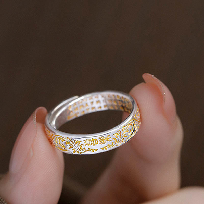 Wear FengShui Peace and Joy Tang Dynasty Flower Design Lotus Heart Sutra Carved Copper Luck Adjustable Ring