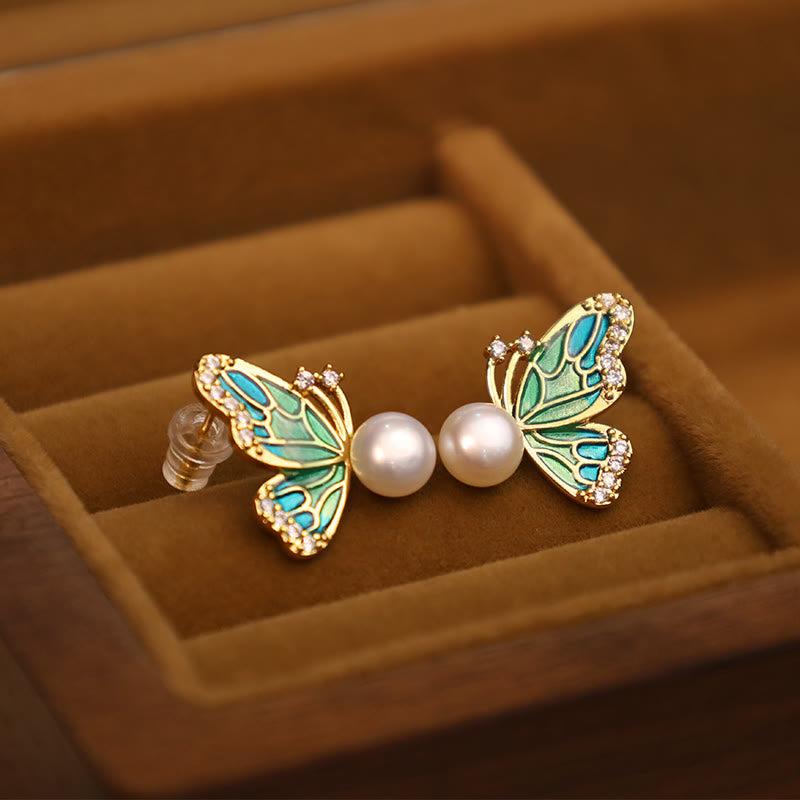 Wear FengShui 925 Sterling Silver Posts 18K Gold Plated Copper Natural Pearl Butterfly Healing Stud Earrings
