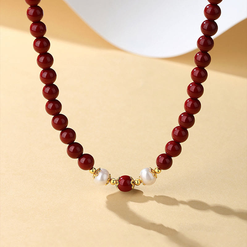 Wear FengShui 925 Sterling Silver Natural Cinnabar Pearl Blessing Necklace Pendant Bracelet Earrings Jewelry Set