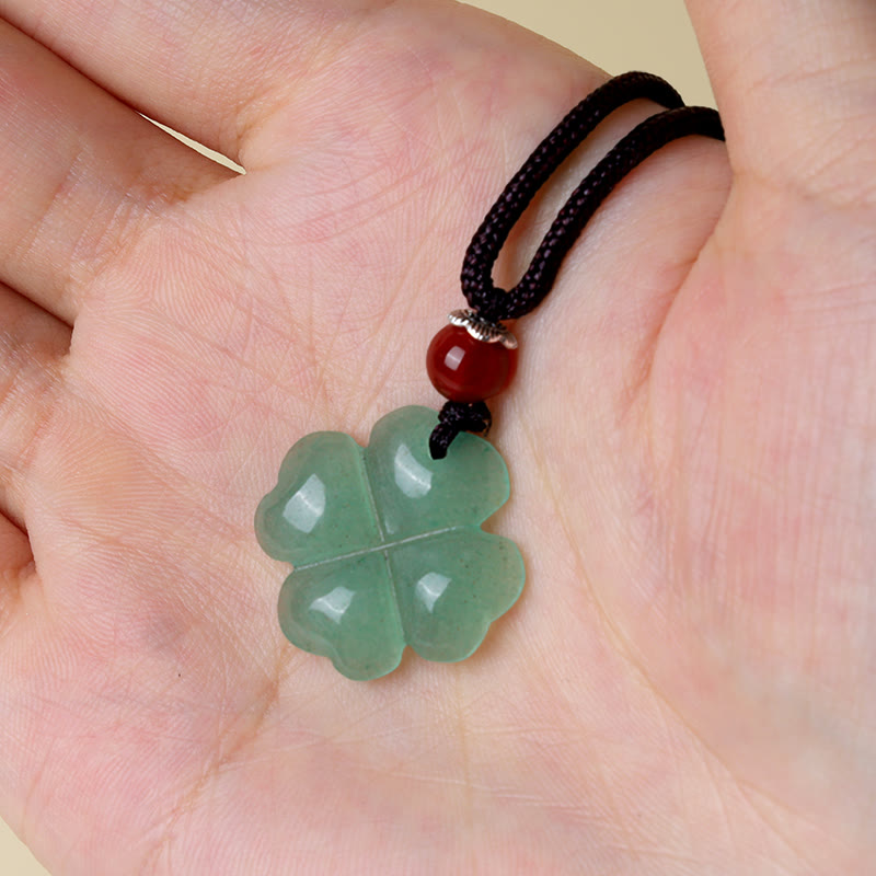 Wear FengShui 925 Sterling Silver Green Aventurine Four Leaf Clover Luck Leather Rope Necklace Pendant