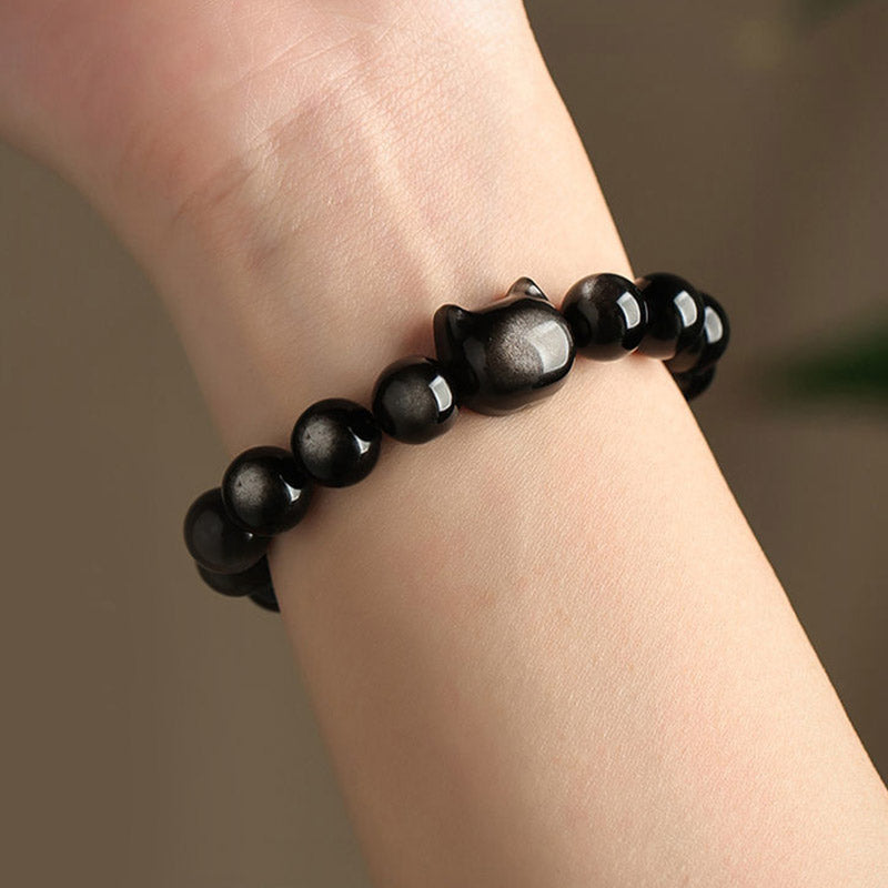 Wear FengShui Gold Sheen Obsidian Silver Sheen Obsidian Lovely Paw Lucky Cat Protection Bracelet