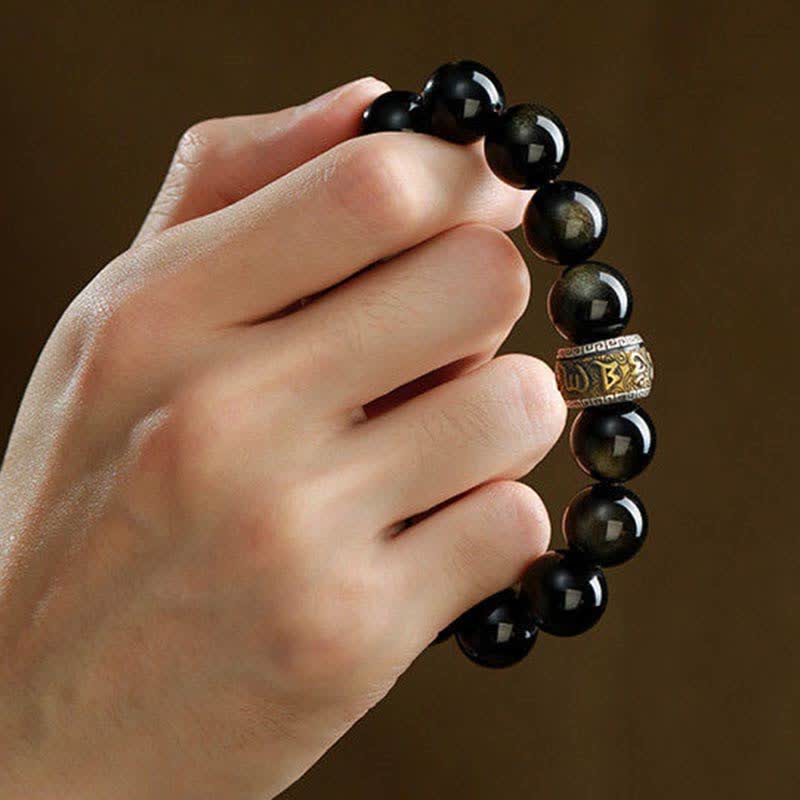 Wear FengShui Gold Sheen Obsidian PiXiu Cinnabar Om Mani Padme Hum Protection Bracelet