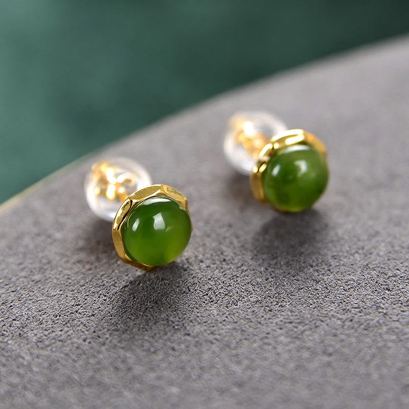 Wear FengShui 925 Sterling Silver Plated Gold Natural Hetian Cyan Jade Bead Luck Stud Earrings