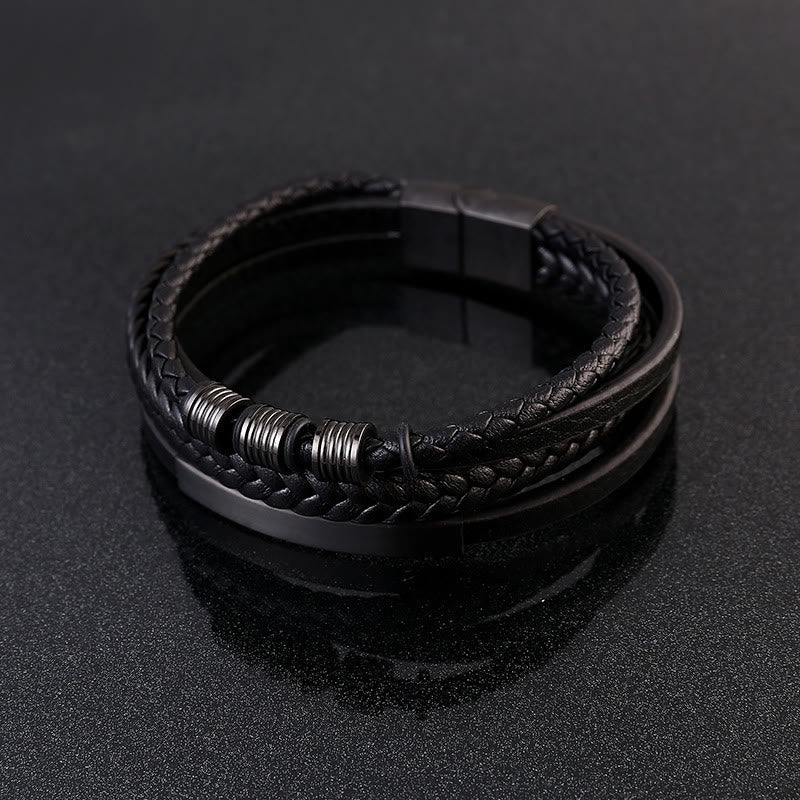 Wear FengShui Leather Multi-Layer Titanium Steel Balance Braided Magnetic Buckle Bracelet