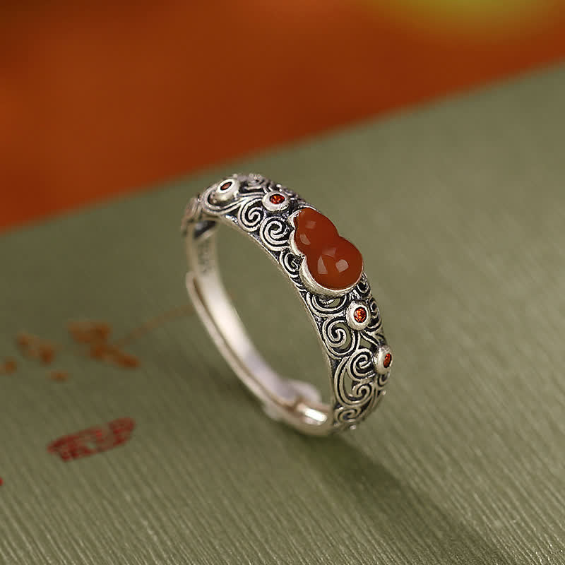 Wear FengShui 925 Sterling Silver Red Agate Cyan Jade Gourd Blessing Auspicious Ring