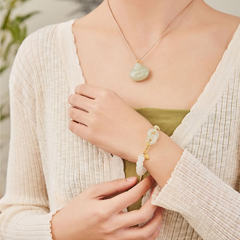 Wear FengShui Natural Hetian Jade Bead Double Peace Buckle Fu Character Abundance Braided Bracelet