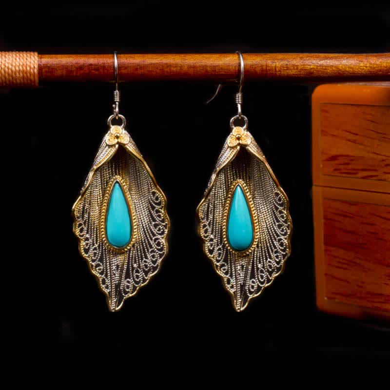Wear FengShui 925 Sterling Silver Turquoise Bodhi Leaf Pattern Protection Drop Dangle Earrings