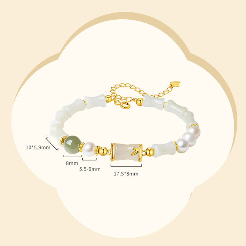 Wear FengShui 925 Sterling Silver Natural Hetian White Jade Bamboo Luck Blessing Bracelet
