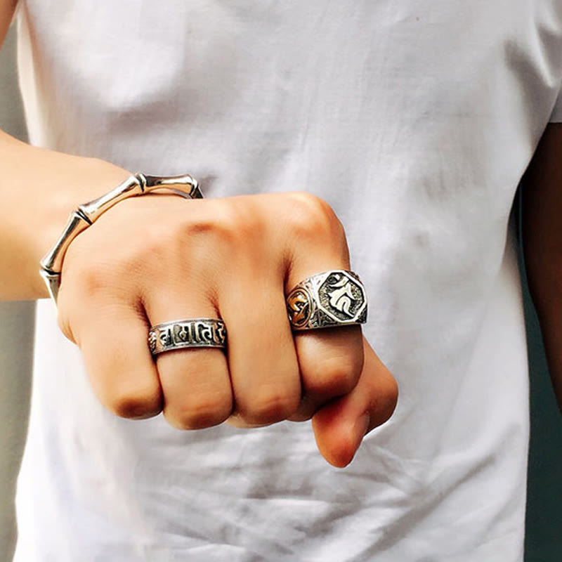 Wear FengShui 925 Sterling Silver Sanskrit Design Carved Protection Adjustable Ring
