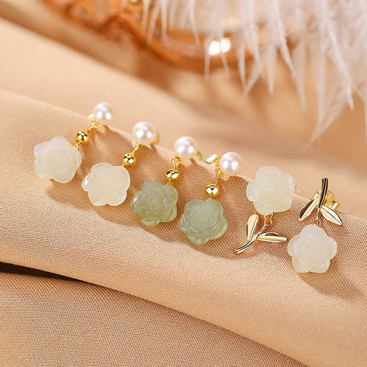 Wear FengShui 925 Sterling Silver Plated Gold Jade Rose Flower Cyan Jade Pearl Luck Earrings