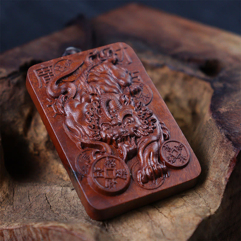 Wear FengShui Natural Lightning Struck Jujube Wood PiXiu Copper Coin Good Fortune Necklace Pendant