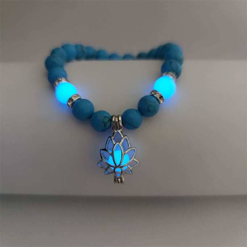 Wear FengShui Tibetan Turquoise Glowstone Luminous Bead Lotus Protection Bracelet