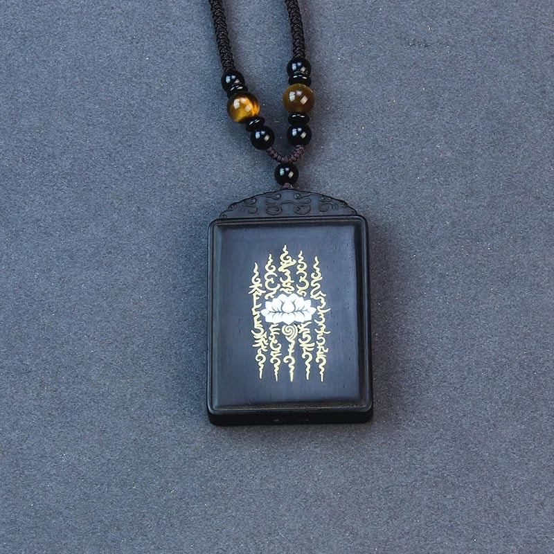 Wear FengShui 999 Sterling Silver Ebony Wood Lotus Inlaid Calm Necklace Pendant