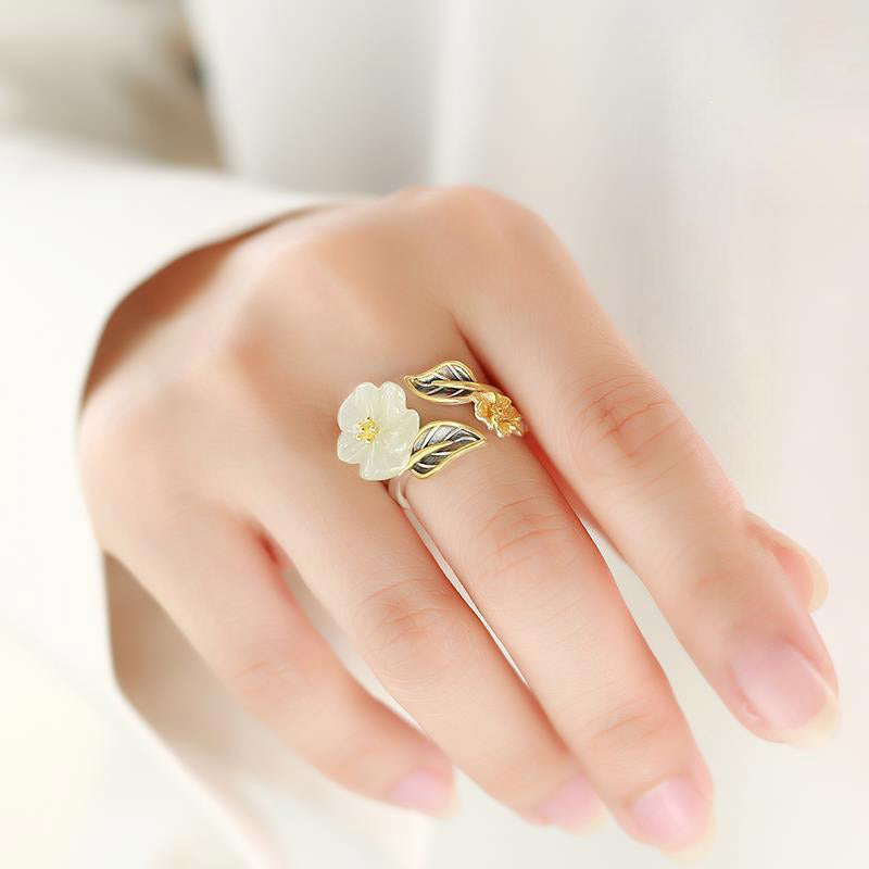 Wear FengShui 925 Silver Plated Copper White Jade Plum Flower Leaf Luck Ring