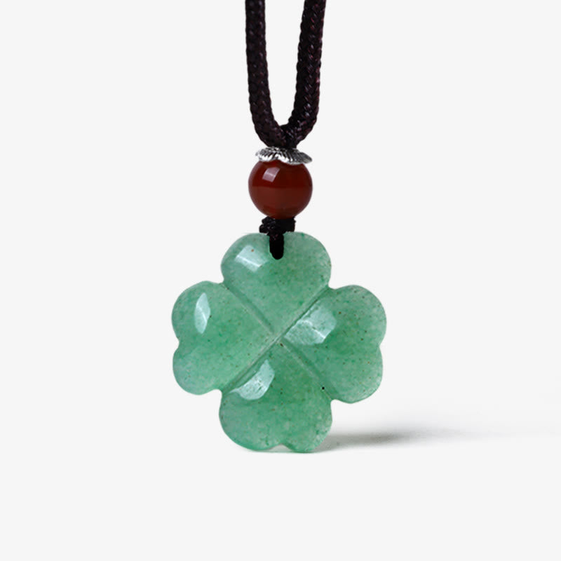 Wear FengShui 925 Sterling Silver Green Aventurine Four Leaf Clover Luck Leather Rope Necklace Pendant