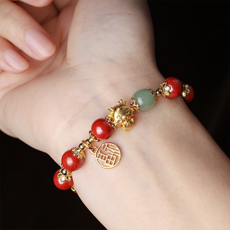 Wear FengShui Year of the Dragon Natural Cinnabar Fu Character Charm Blessing Bracelet