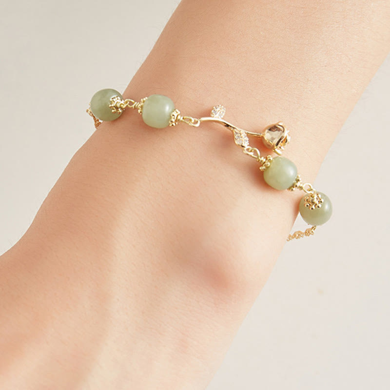 Wear FengShui 14K Gold Plated Hetian Jade Golden Rose Flower Luck Chain Bracelet