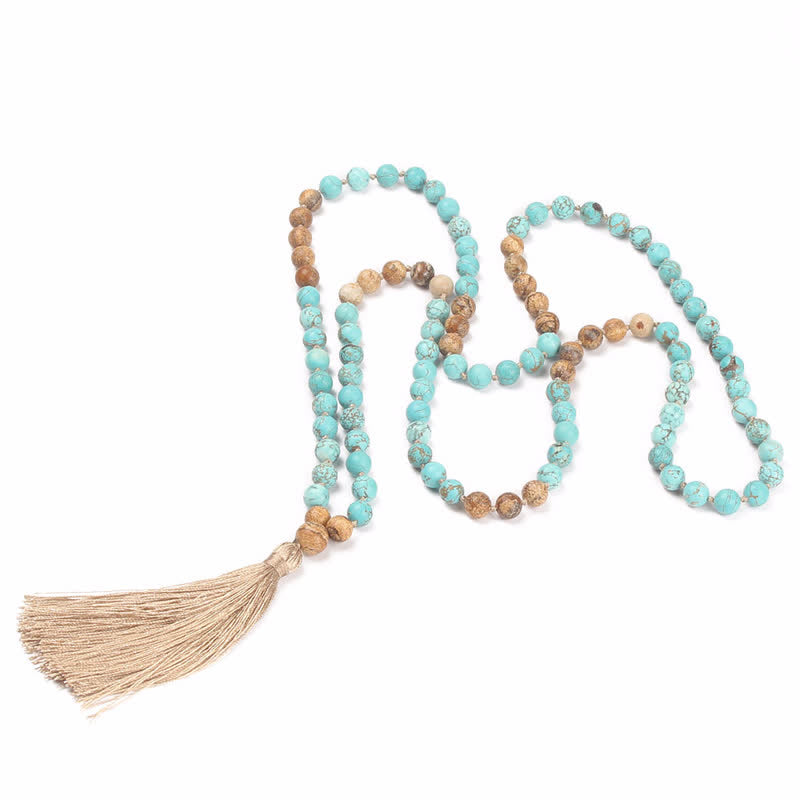 Wear FengShui 108 Mala Beads Turquoise Picture Jasper Wisdom Tassel Bracelet