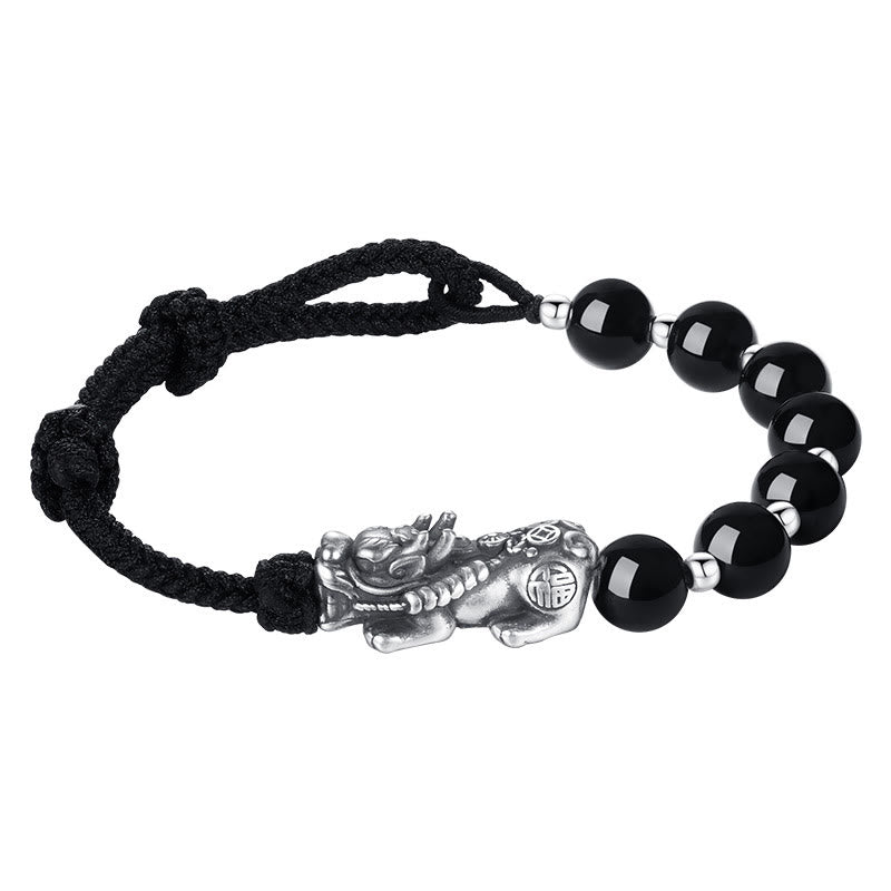 Wear FengShui 999 Sterling Silver FengShui PiXiu Natural Black Obsidian 925 Sterling Silver Bead Strength Bracelet