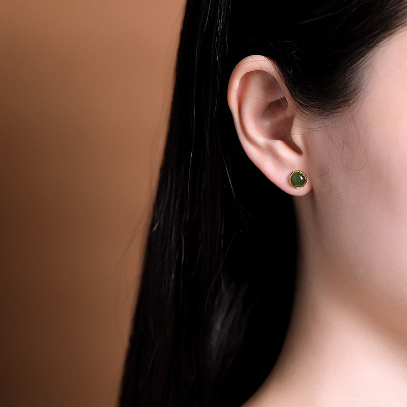 Wear FengShui 925 Sterling Silver Plated Gold Natural Hetian Cyan Jade Bead Luck Stud Earrings