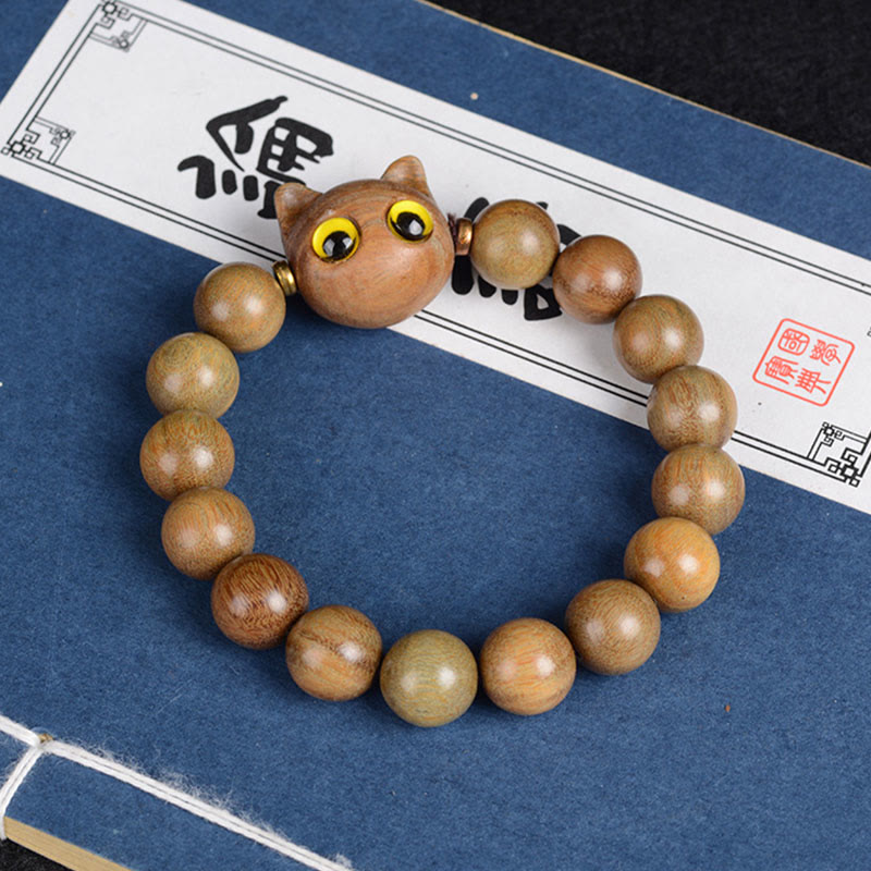 Wear FengShui Ebony Wood Green Sandalwood Red Sandalwood Lovely Cat Balance Bracelet