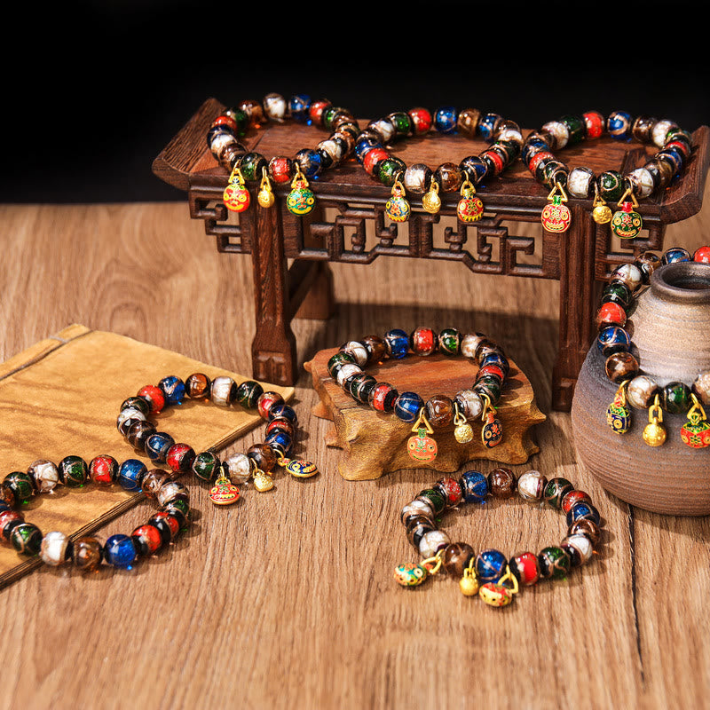 Wear FengShui Five Elements Gold Swallowing Beast Family Charm Liuli Glass Bead Luck Bracelet