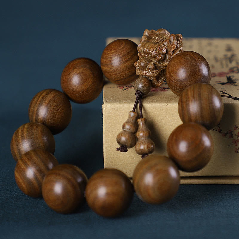 Wear FengShui Rosewood Green Sandalwood Small Leaf Red Sandalwood Dragon Carved Protection Bracelet
