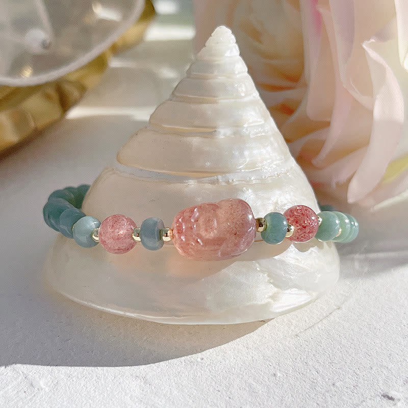 Wear FengShui Natural Hetian Jade Pearl Peace Buckle Fu Character Gourd Money Bag Strawberry Quartz PiXiu Luck Bracelet