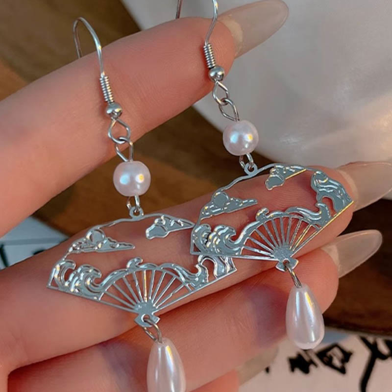 Wear FengShui Copper Fan Auspicious Clouds Pearl Healing Drop Earrings