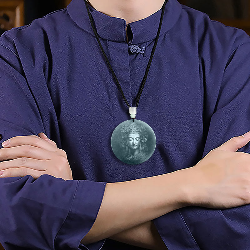 Wear FengShui Kwan Yin Avalokitesvara Jade Abundance String Necklace Pendant