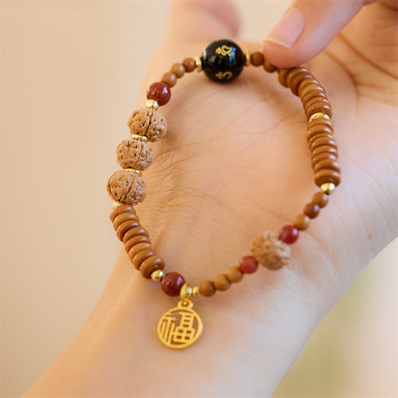 Wear FengShui Tibetan Bodhi Seed Black Onyx Smoky Quartz Om Mani Padme Hum Fu Character Wealth Bracelet