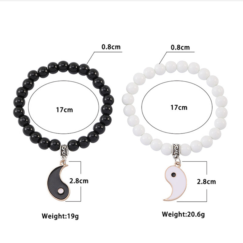 Wear FengShui 2Pcs Black Onyx White Turquoise Bead Yin Yang Protection Couple Bracelet