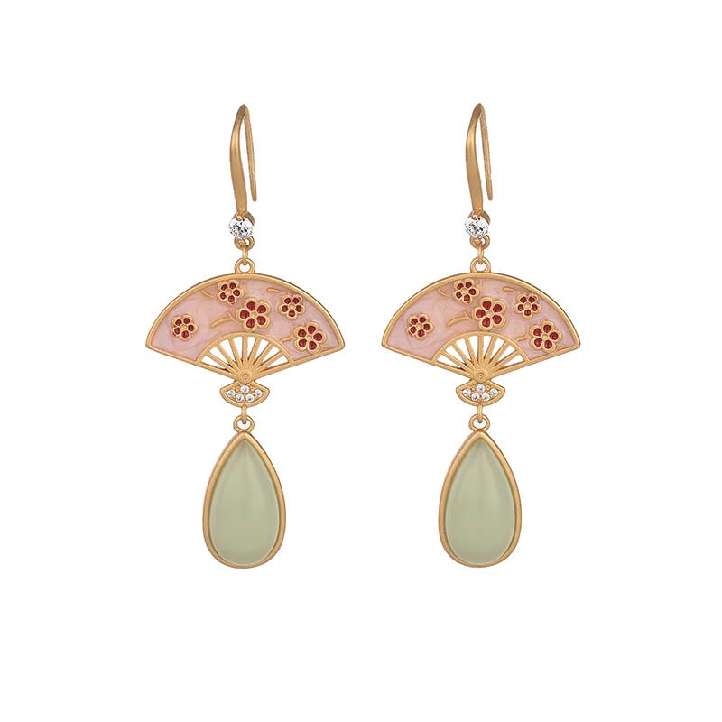 Wear FengShui Natural Green Aventurine Fan Pattern Luck Drop Earrings