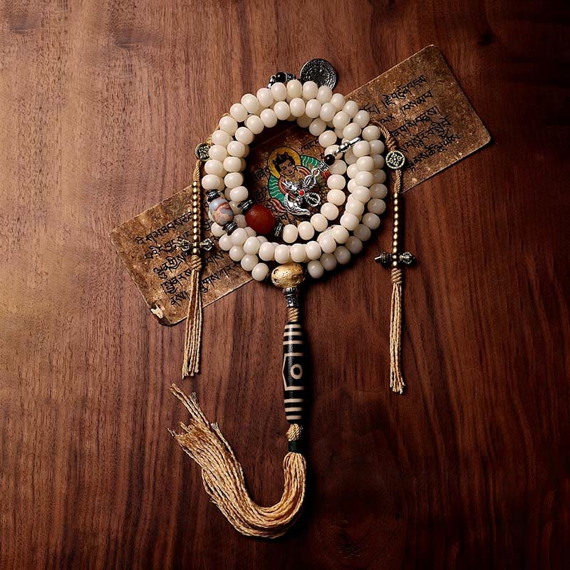 Wear FengShui Tibet 108 Mala Beads Bodhi Seed Bagua Vajra Dzi Bead Gray Agate Wealth Bracelet