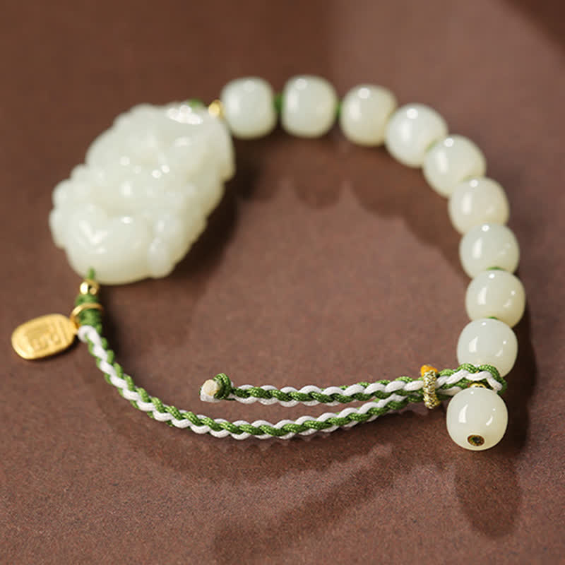 Wear FengShui 925 Sterling Silver Chinese Zodiac Hetian Jade Happiness Luck String Bracelet