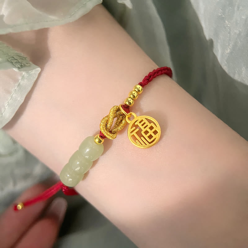 Wear FengShui Handcrafted Jade Bead Fu Character Charm Luck Red Rope Bracelet